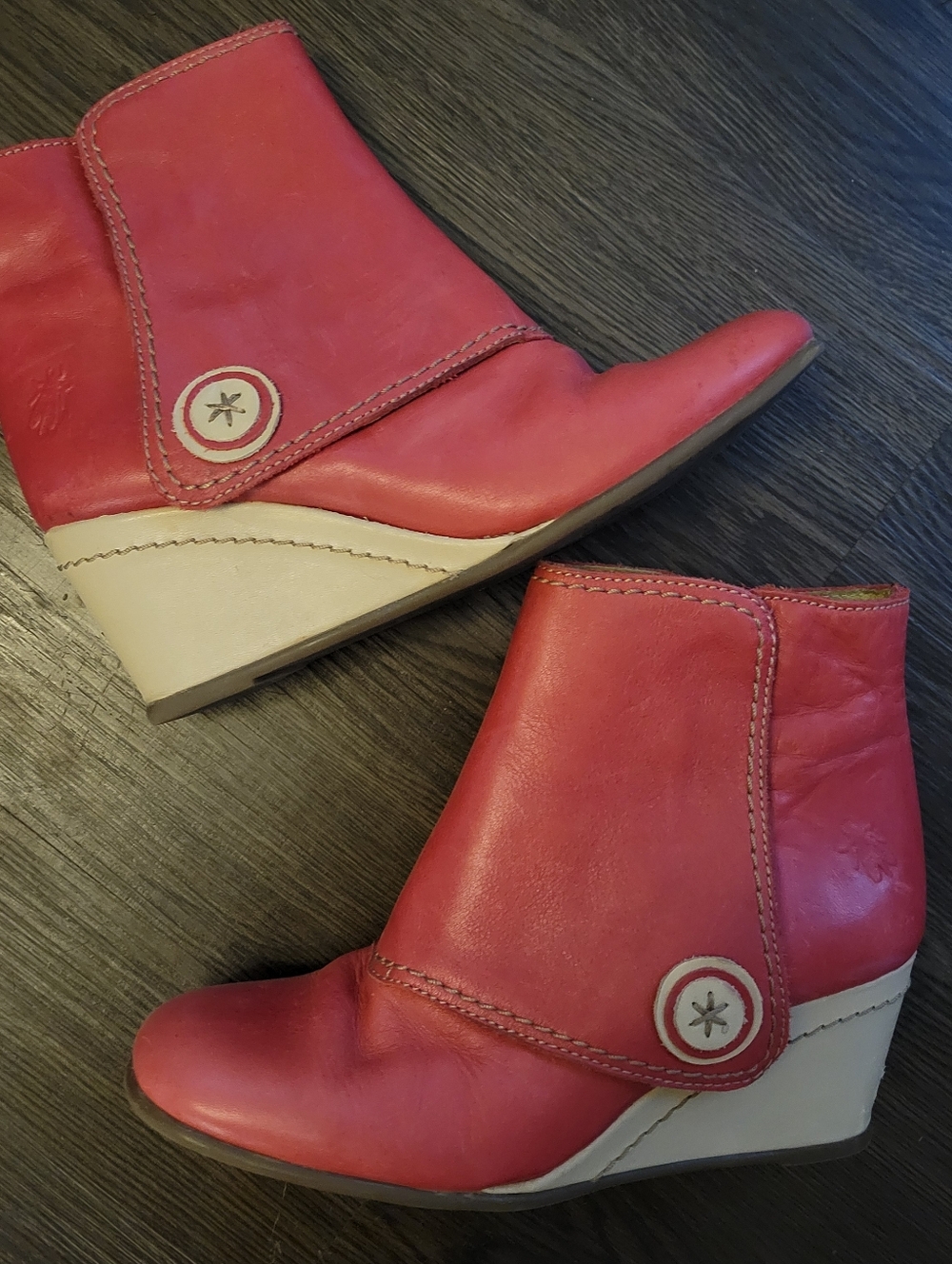 Fly London Red Leather Wedge Booties with Cream Sole